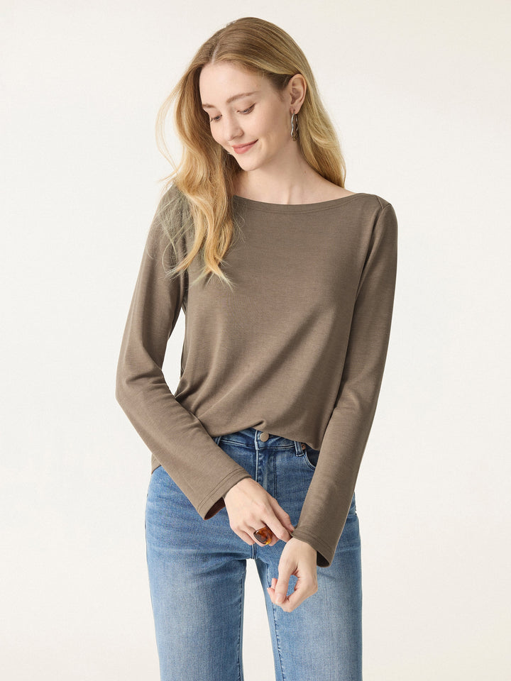 Relaxed Fit Boatneck Long Sleeve Top