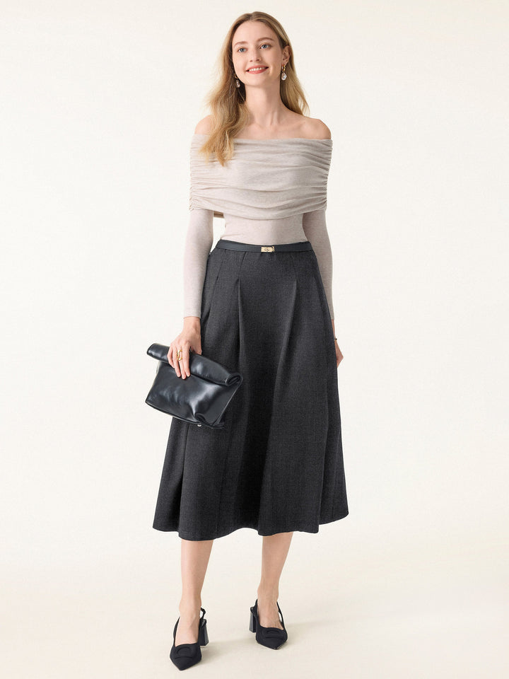 Wrinkle-Resistant A-line Tucked Pull-on Midi Skirt with Pockets