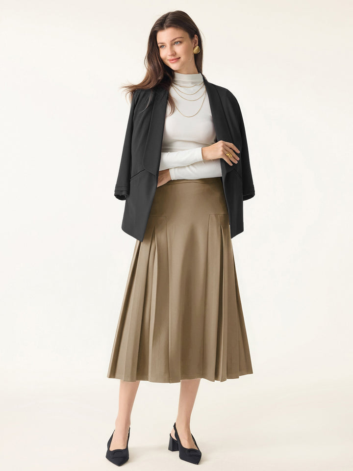 Stretch Ponte Pleated A-line Midi Tailored Skirt