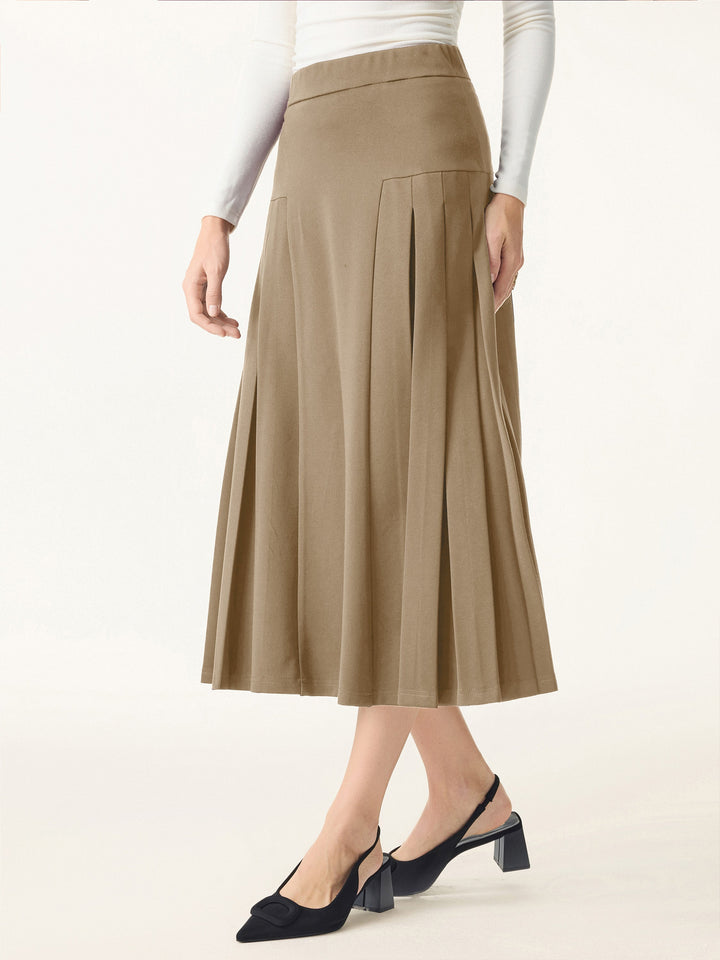 Stretch Ponte Pleated A-line Midi Tailored Skirt Khaki XS