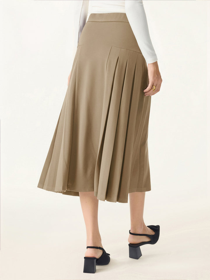 Stretch Ponte Pleated A-line Midi Tailored Skirt