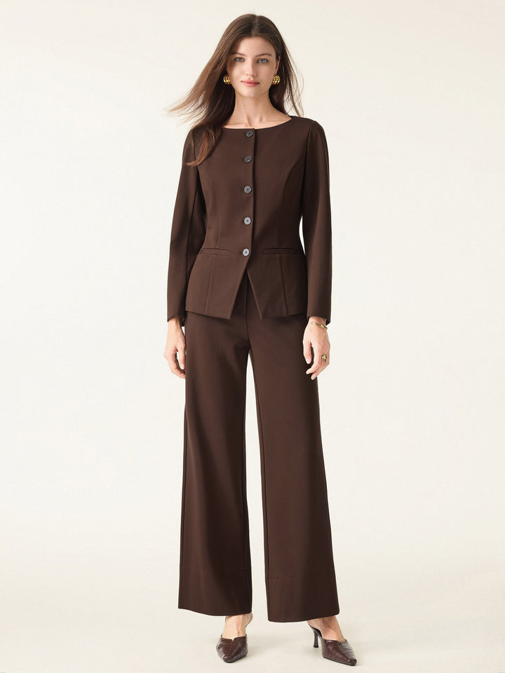 2Pcs Set Boatneck Blazer & High Rise Wide Leg Trousers with Zippered Pockets