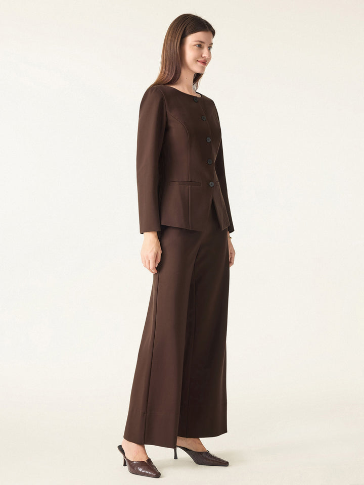 2Pcs Set Boatneck Blazer & High Rise Wide Leg Trousers with Zippered Pockets