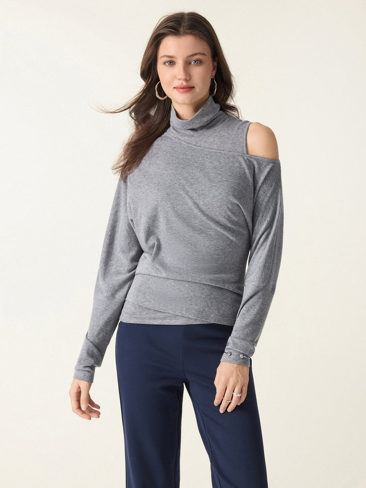 2Pcs Set Lyocell Cashmere Cold-Shoulder Semi-Sheer Top & Turtleneck Brami Tank Heather Grey XS