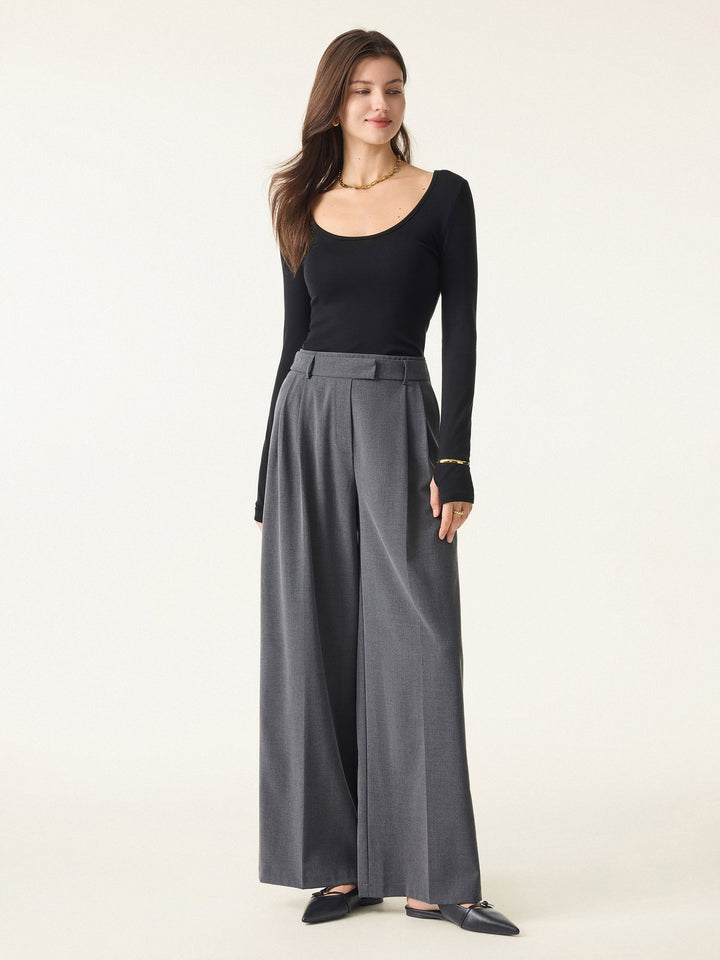 Double-Pleated Mid Rise Wide Leg Trousers