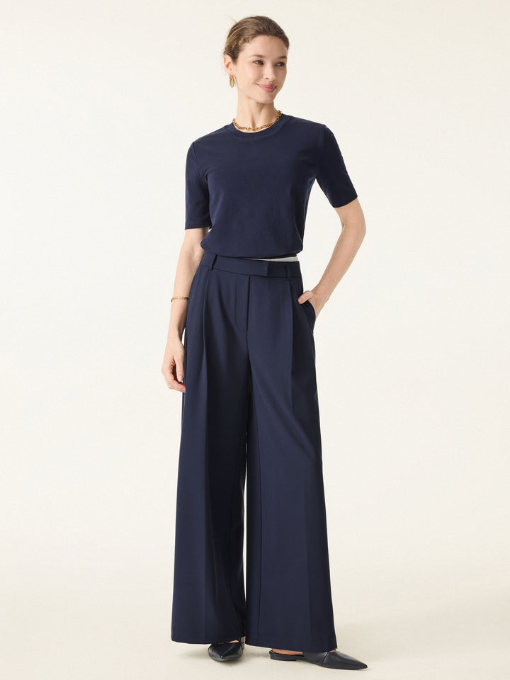 Double-Pleated Mid Rise Wide Leg Trousers