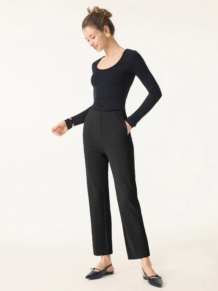 Sandwashed Mid Rise Slim Straight Pull-on Pants with Pockets