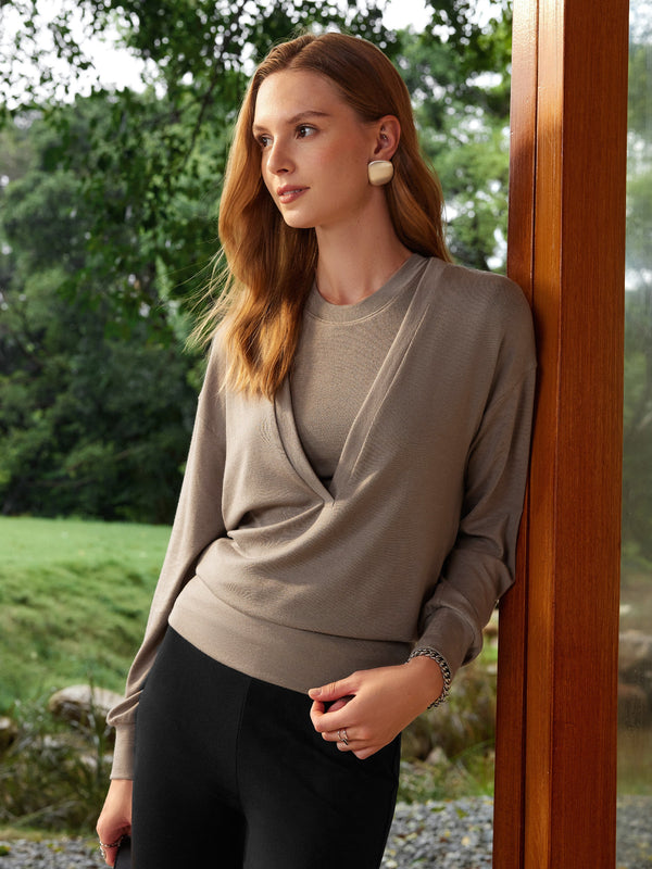 Lyocell Cashmere V-neck Drop Shoulder Top Dark Beaver XS