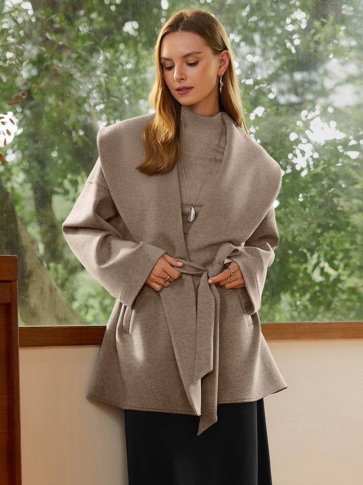 Belted Shawl Collar Robe Jacket with Pockets Heather Taupe XS