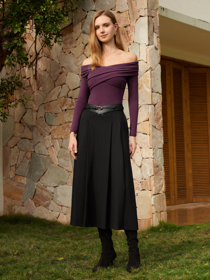 Wrinkle-Resistant A-line Tucked Pull-on Midi Skirt with Pockets