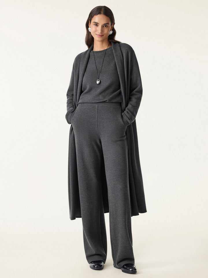 3Pcs Set Shawl Collar Cardigan & Crew Neck Top & Mid Rise Straight Leg Pants