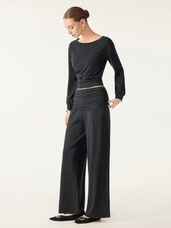 2Pcs Set Boatneck Brami & Drapey Wide Leg Pull-on Pants with Pockets