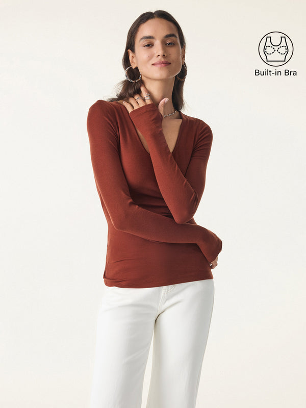 Lyocell Cashmere Scoop Neck Thumbhole Brami Rust Orange XS