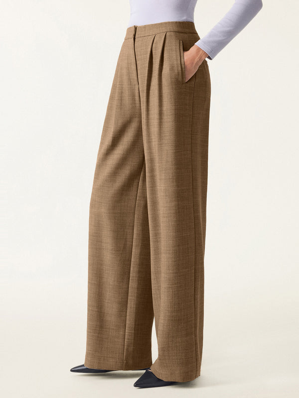4-way Stretch Wool Mid Rise Pleated Wide Leg Trousers with Pockets Medium Oak XS