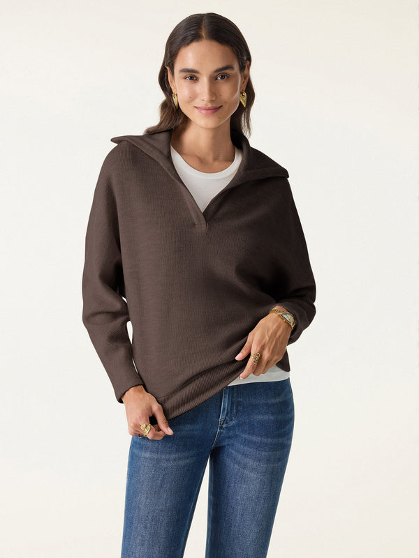 Cozy Collared V-Neck Batwing Sleeve Pullover