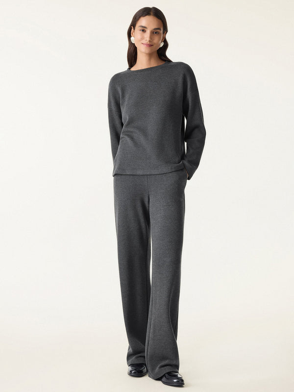 2Pcs Set Crew Neck Long Sleeve Top & Mid Rise Straight Leg Pants with Pockets Shadow XS