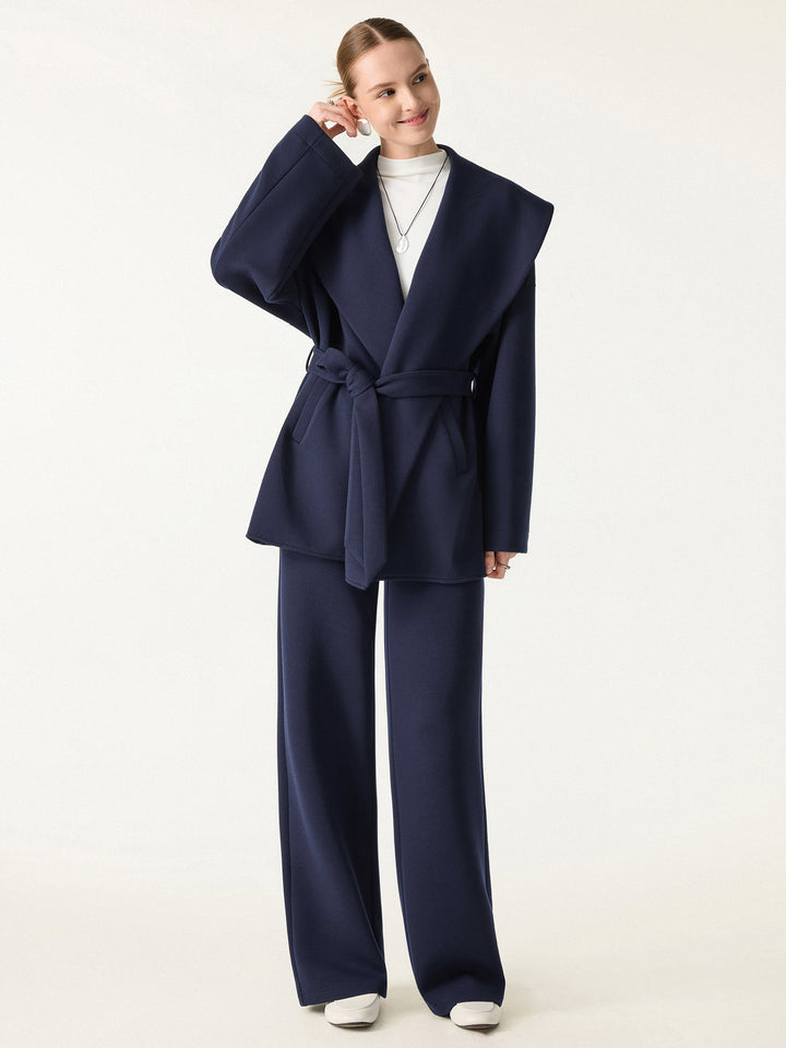 2Pcs Set Belted Shawl Collar Robe Jacket & Mid Rise Straight Pants with Pockets