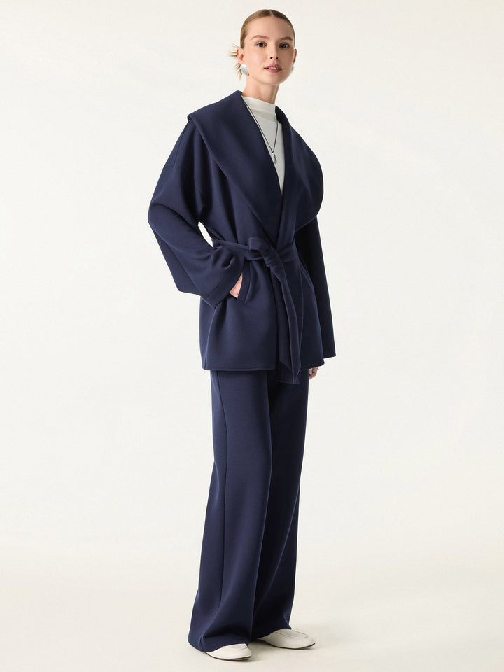 2Pcs Set Belted Shawl Collar Robe Jacket & Mid Rise Straight Pants with Pockets