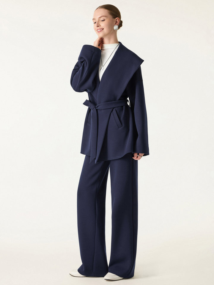 2Pcs Set Belted Shawl Collar Robe Jacket & Mid Rise Straight Pants with Pockets