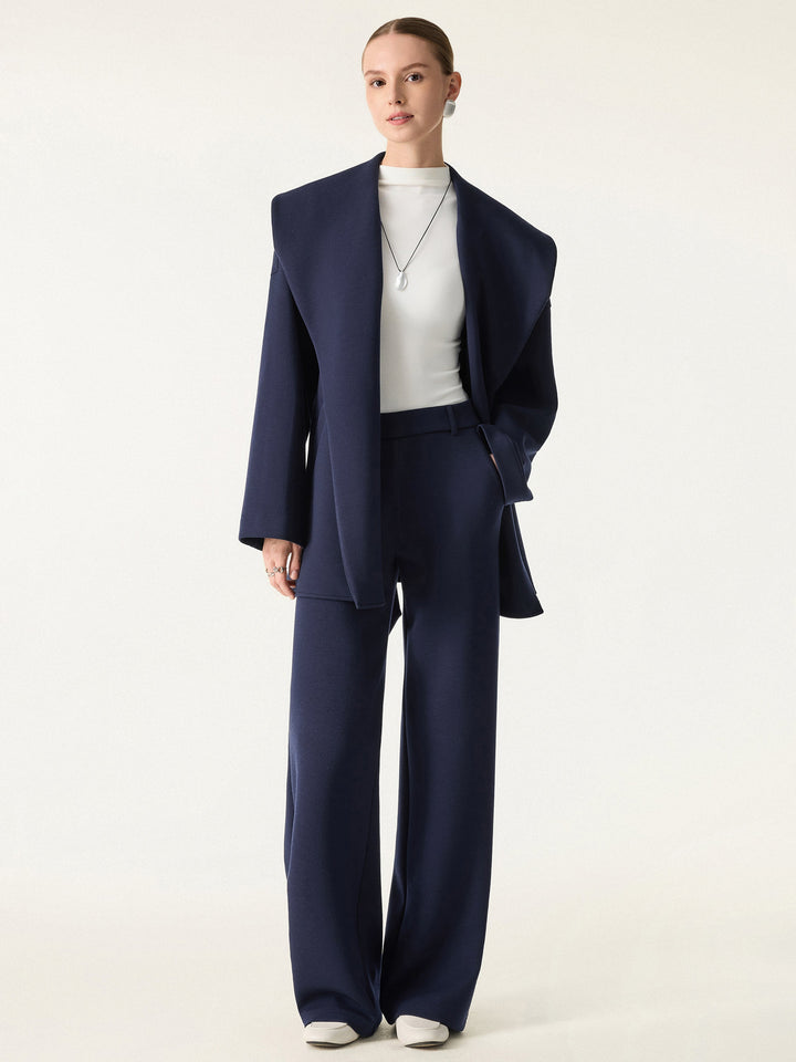 2Pcs Set Belted Shawl Collar Robe Jacket & Mid Rise Straight Pants with Pockets