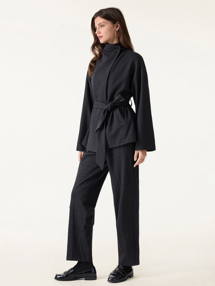 2Pcs Set Regular Tapered Trousers with Pockets & Retro Belted Jacket