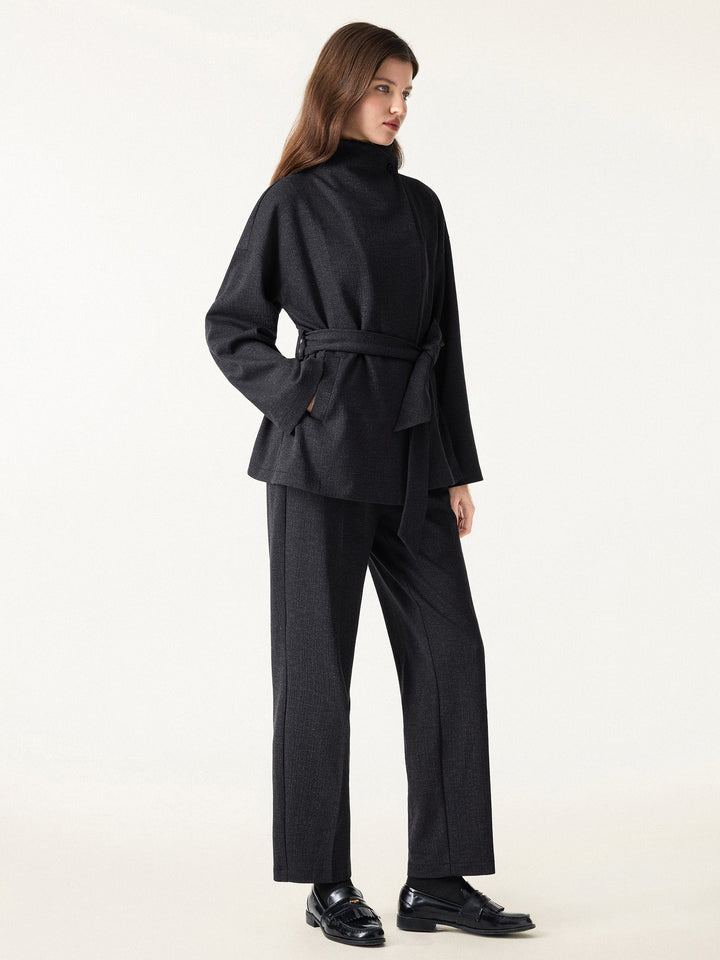 2Pcs Set Regular Tapered Trousers with Pockets & Retro Belted Jacket