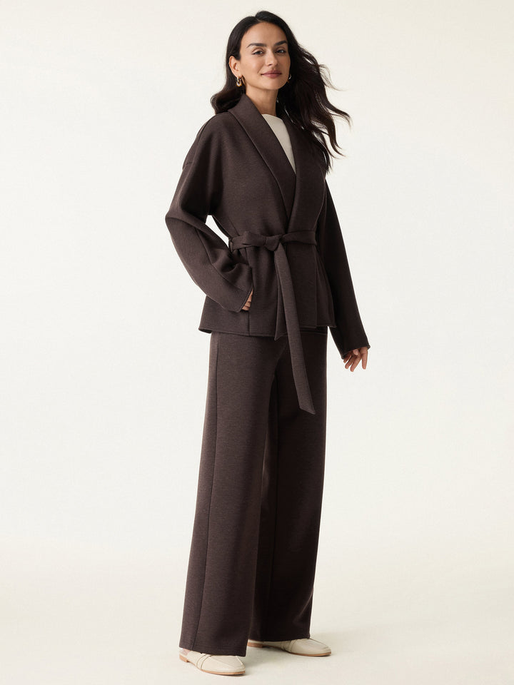 2Pcs Set Shawl Belted Outerwear & High Rise Straight Pull-on Pants with Pockets