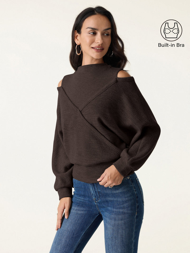 Cozy Mockneck Cutout Shoulder Surplice Brami Espresso Shut XS