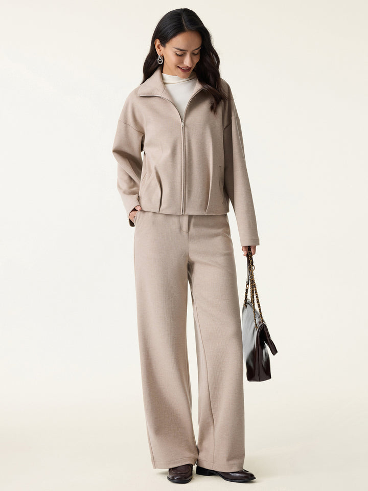2Pcs Set Textured Full Zip Jacket & Mid Rise Straight Leg Pants with Pockets
