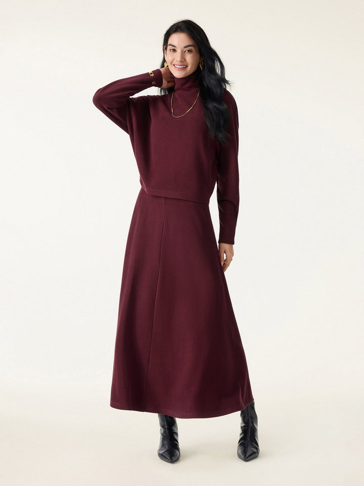 2Pcs Set Mockneck Batwing Sleeve Brami & Midi Pull-on A-Line Skirt with Pockets