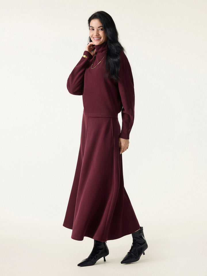 2Pcs Set Mockneck Batwing Sleeve Brami & Midi Pull-on A-Line Skirt with Pockets