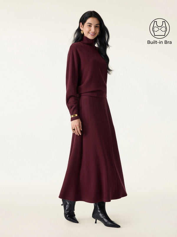2Pcs Set Mockneck Batwing Sleeve Brami & Midi Pull-on A-Line Skirt with Pockets