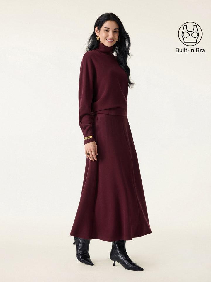 2Pcs Set Mockneck Batwing Sleeve Brami & Midi Pull-on A-Line Skirt with Pockets
