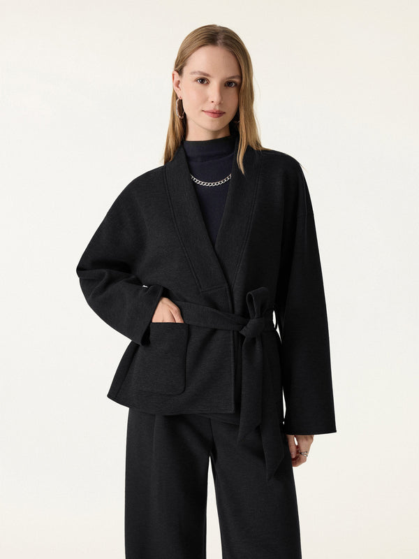 Belted Robe Style Coat with Pockets Black XS