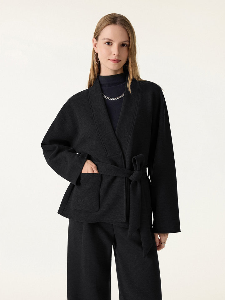 Belted Robe Style Coat with Pockets Black XS