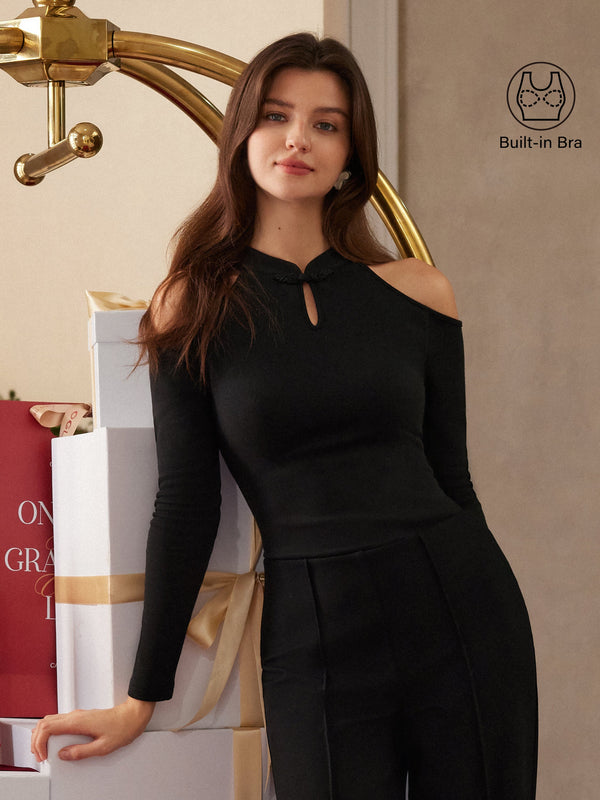 Cutout Shoulder Mandarin Collar Going-out Brami Black XS