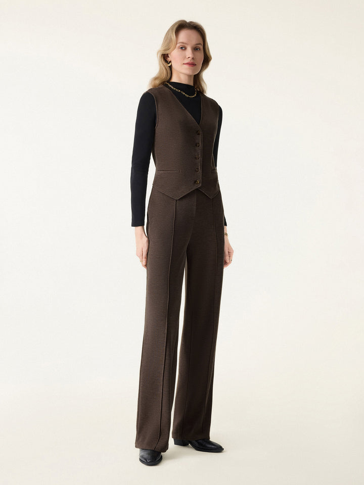 2Pcs Set Brushed Warm V-neck Vest & Regular High Rise Pintuck Straight Pull-on Pants Acajou XS