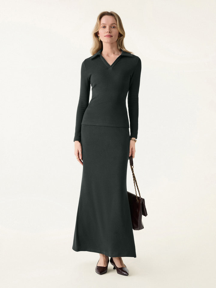 2Pcs Set MaxWarm Polo Neck Top & Tummy-Control Flared Maxi Skirt Green Forest XS