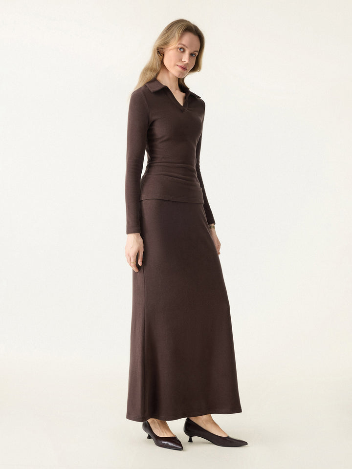 2Pcs Set MaxWarm Polo Neck Top & Tummy-Control Flared Maxi Skirt