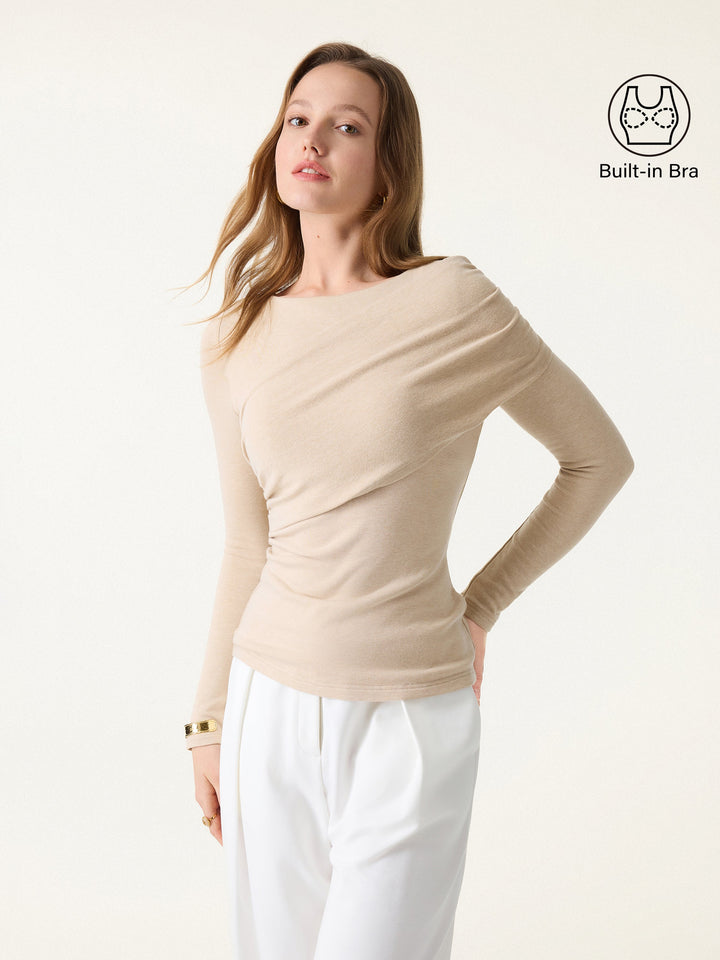 Tencel-Wool Gathered Semi Sheer Long Sleeve Brami Top Eco-Mousse® Natural Calico
