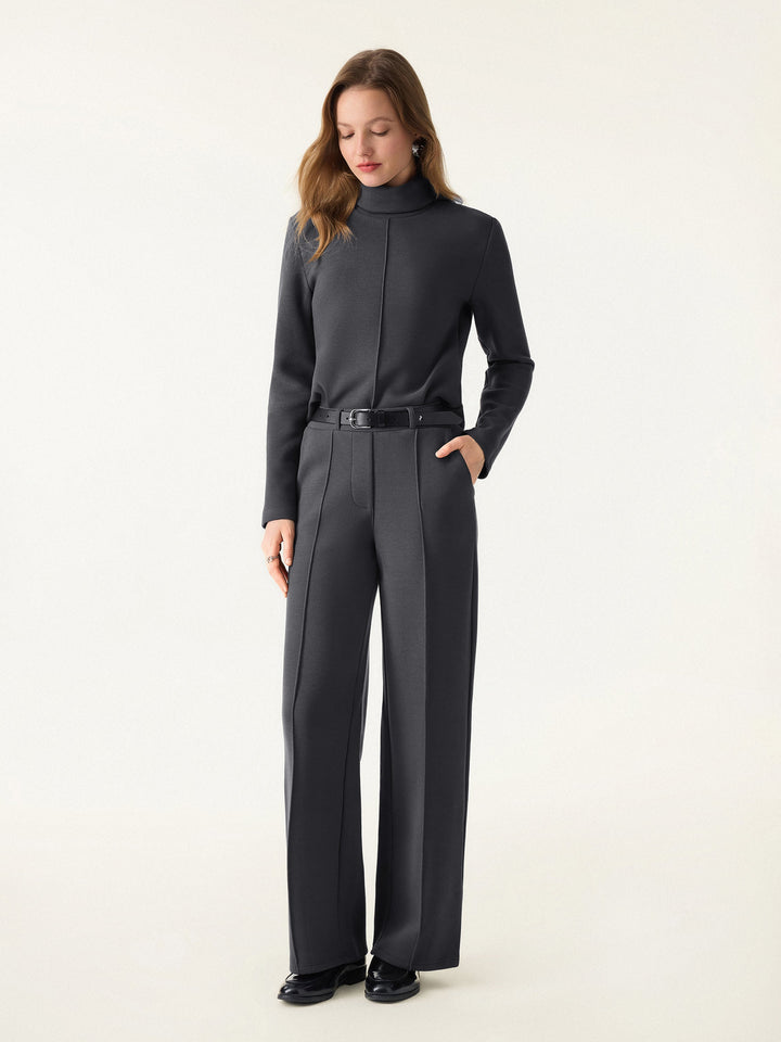 2Pcs Set FuzzLuxe Turtleneck Top & Regular High Waisted Straight Leg Pull On Pant
