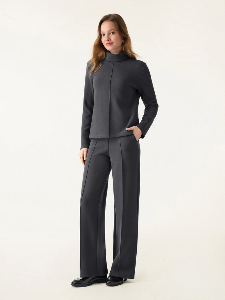 2Pcs Set FuzzLuxe Turtleneck Top & Regular High Waisted Straight Leg Pull On Pant