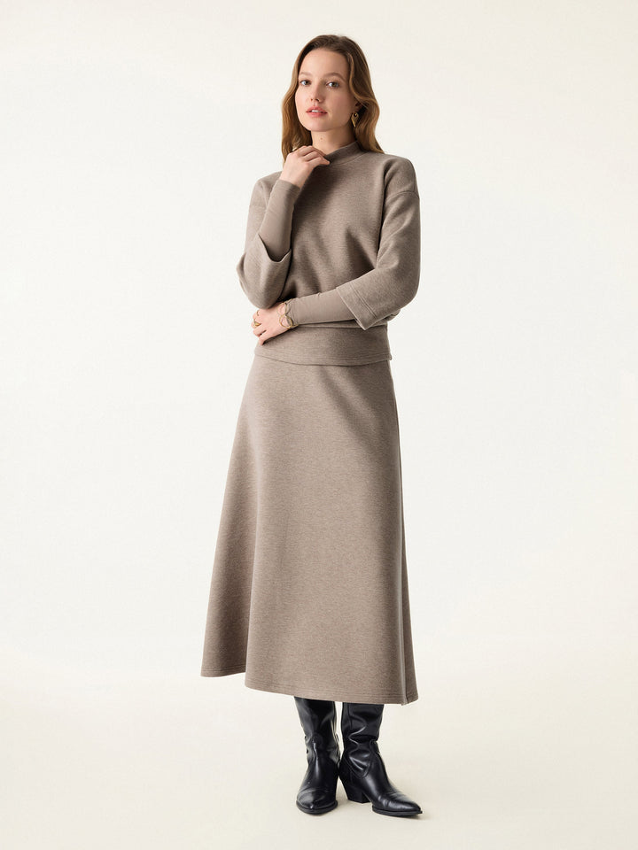2Pcs Set FuzzLuxe Mockneck Sleeve-Warmer Top & Midi A-line Circle Skirt