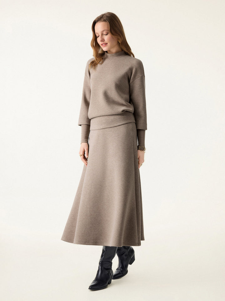 2Pcs Set FuzzLuxe Mockneck Sleeve-Warmer Top & Midi A-line Circle Skirt