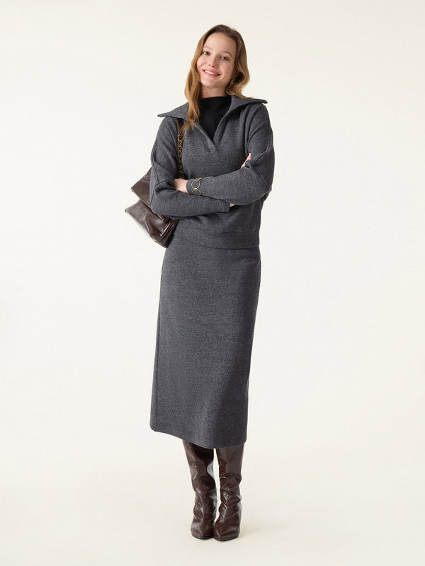 2Pcs Set Collared V-Neck Batwing Pullover & H-line Pull-on Midi Skirt Heather Black XS