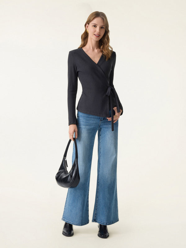 OGLmove Wide Ribbed Crossover Long Sleeve Tie-Waist Top