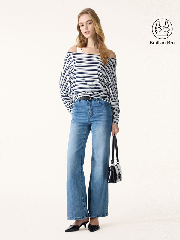 2Pcs Set U-Neck Brami Tank & Striped Boatneck Batwing Sleeves Top