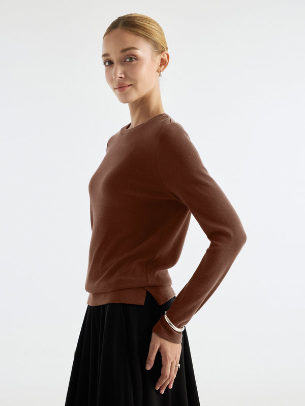 OGLmove LiteWarm Round Neck Long Sleeve Side-Slit Banded Hem Top Sweet Hazelnut XXS