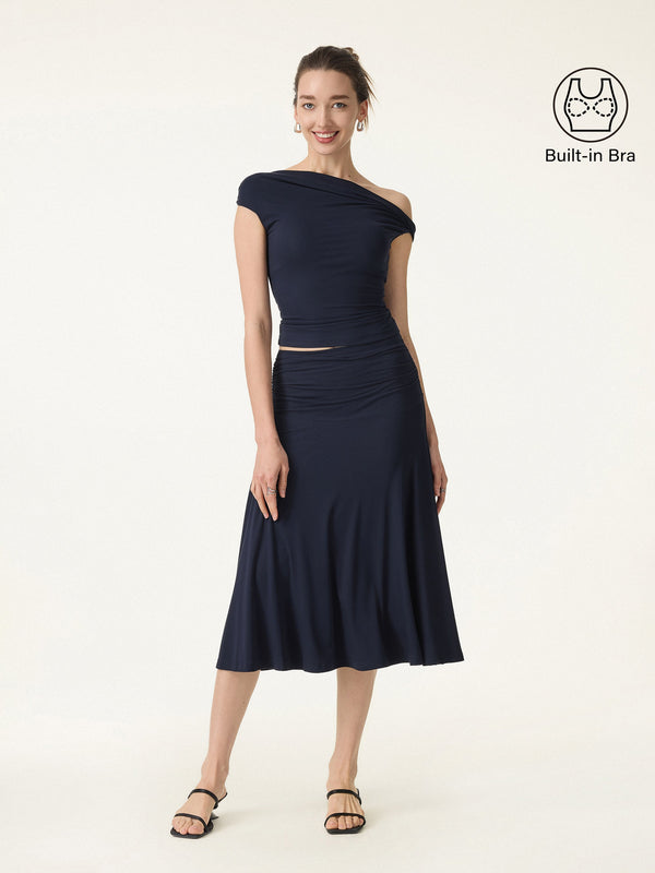 OGLmove2Pcs Set Multi-wear Bra Top & Side Ruched A-line Midi Skirt