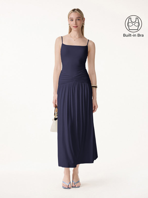 OGLmove Not-See-Thru Spaghetti Gathered Maxi Bra Dress Midnight Navy XS